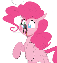 Size: 1733x1914 | Tagged: safe, artist:hattsy, pinkie pie, oc, oc:anon, earth pony, pony, female, humans riding ponies, macro, mare, micro, no pupils, open mouth, pointing, riding, smiling