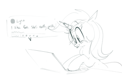 Size: 1911x1251 | Tagged: safe, artist:hattsy, lyra heartstrings, pony, unicorn, computer, female, laptop computer, mare, monochrome, open mouth, solo, tongue out, typing