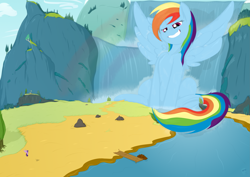 Size: 4093x2894 | Tagged: safe, artist:teabucket, rainbow dash, twilight sparkle, pegasus, pony, beach, boat, cliff, cover image, duo, faic, fanfic art, giant pony, macro, rainbow, river, scenery, smug, smugdash, story cover, tree, waterfall