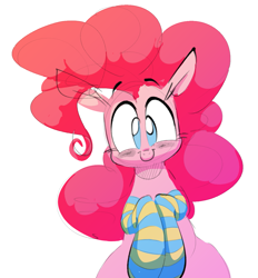 Size: 1125x1212 | Tagged: safe, artist:hattsy, pinkie pie, earth pony, pony, c:, clothes, cute, diapinkes, female, hooves to the chest, looking at you, mare, no pupils, simple background, smiling, socks, solo, striped socks, white background