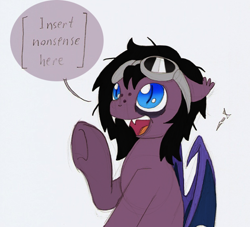 Size: 620x564 | Tagged: safe, artist:ravenpuff, derpibooru import, oc, oc only, oc:puffy, bat pony, pony, bags under eyes, bat pony oc, fangs, female, goggles, mare, open mouth, raised hoof, slit eyes, solo, speech, underhoof