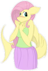 Size: 707x1050 | Tagged: safe, artist:teabucket, fluttershy, anthro, original species, shark, shark pony, blushing, breasts, clothes, female, fluttershark, hootershy, shy, skirt, solo, species swap