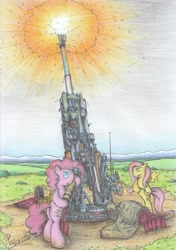 Size: 1636x2327 | Tagged: safe, artist:patoriotto, fluttershy, pinkie pie, earth pony, pegasus, pony, artillery, pixiv, war, weapon