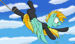 Size: 2400x1410 | Tagged: safe, artist:rapid9, derpibooru import, lightning dust, pegasus, pony, the washouts (episode), clothes, cloud, female, mare, rope, sky, solo, spread wings, uniform, washouts uniform, wings