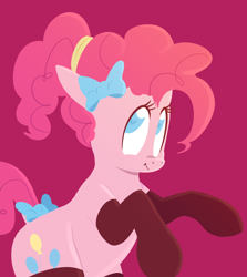 Size: 1086x1218 | Tagged: safe, artist:hattsy, pinkie pie, earth pony, pony, alternate hairstyle, bow, clothes, female, hair bow, heart eyes, looking up, mare, rearing, simple background, smiling, solo, stockings, tail bow, thigh highs, wingding eyes