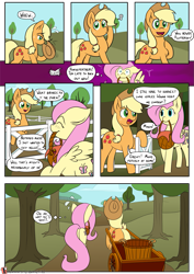 Size: 955x1350 | Tagged: safe, artist:teabucket, applejack, fluttershy, earth pony, pegasus, pony, comic:poison apple, apple, apple tree, appleshy, basket, c:, comic, female, food, lesbian, mare, mouth hold, nervous, patreon, patreon logo, picnic basket, potion, shipping, shrunken pupils, smiling, sweet apple acres, thought bubble, tree