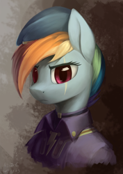 Size: 1812x2563 | Tagged: safe, artist:draconidsmxz, rainbow dash, pegasus, pony, fallout equestria, bust, clothes, eye scar, fanfic, fanfic art, female, hat, looking at you, mare, ministry mares, ministry of awesome, scar, solo, uniform, wings