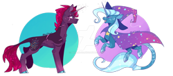 Size: 1600x711 | Tagged: safe, artist:akiiichaos, derpibooru import, tempest shadow, trixie, pony, unicorn, alternate design, cloven hooves, deviantart watermark, eye scar, leonine tail, obtrusive watermark, prosthetic horn, prosthetics, scar, simple background, tempest gets her horn back, transparent background, watermark