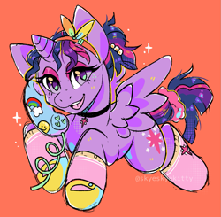 Size: 1185x1161 | Tagged: safe, artist:skyeskyekitty, derpibooru import, twilight sparkle, twilight sparkle (alicorn), alicorn, pony, 80s, cheap, choker, clothes, commission, corded phone, eyeshadow, female, headband, makeup, mare, orange background, phone, ponytail, purple, scrunchie, shoes, short hair, simple background, socks, solo, sparkles, thigh highs, twi