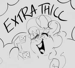 Size: 1473x1347 | Tagged: safe, artist:hattsy, pinkie pie, earth pony, pony, dialogue, extra thicc, hoof hold, monochrome, open mouth, phone, solo