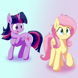 Size: 3300x3300 | Tagged: safe, artist:yinglongfujun, derpibooru import, fluttershy, twilight sparkle, twilight sparkle (alicorn), alicorn, pegasus, pony, blushing, chest fluff, duo, eyes on the prize, female, mare