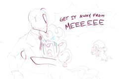 Size: 1296x823 | Tagged: safe, artist:hattsy, pinkie pie, oc, oc:anon, earth pony, human, pony, my little pony: pony life, bipedal, clothes, crying, dialogue, female, generational ponidox, grinning potato, mare, necktie, open mouth, reaching, scared, shirt, simple background, smiling, suit, sweat, white background