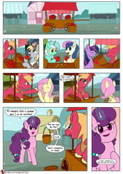 Size: 955x1350 | Tagged: safe, artist:teabucket, big macintosh, bon bon, fluttershy, lyra heartstrings, sugar belle, sweetie drops, twilight sparkle, earth pony, pegasus, pony, unicorn, comic:poison apple, apple, bucket, cart, comic, female, food, freckles, male, mare, patreon, patreon logo, ponyville, stallion