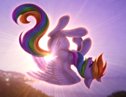 Size: 2600x2000 | Tagged: safe, artist:avrameow, derpibooru import, rainbow dash, pegasus, pony, backlighting, crepuscular rays, ear fluff, female, flying, high res, lens flare, looking at you, mare, profile, solo, spread wings, sun, sunlight, upside down, wings