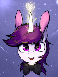 Size: 3400x4500 | Tagged: safe, artist:tatykin, derpibooru import, oc, oc only, oc:lapush buns, pony, unicorn, abstract background, bowtie, bunnycorn, bust, heart, looking at you, magic, portrait, solo