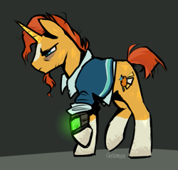 Size: 617x588 | Tagged: safe, artist:goodmode, derpibooru import, sunburst, unicorn, fallout equestria, male, pipboy, pipbuck, solo, stallion