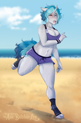 Size: 2099x3181 | Tagged: safe, artist:askbubblelee, derpibooru import, oc, oc only, oc:bubble lee, anthro, unguligrade anthro, unicorn, anthro oc, arm freckles, beach, belly button, big breasts, blushing, body freckles, breasts, chest fluff, cleavage, cleavage fluff, clothes, cloud, coat markings, cute, cute little fangs, digital art, ear fluff, engagement ring, exercise, eyes closed, fangs, female, floppy ears, freckles, hoof wraps, jogging, leg freckles, mare, midriff, neck freckles, ring, shorts, shoulder freckles, sky, solo, sports bra, sports shorts, sweat, unshorn fetlocks, water, wristband