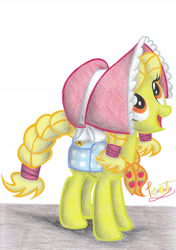 Size: 1639x2329 | Tagged: safe, artist:patoriotto, granny smith, earth pony, pony, bonnet, braided tail, female, green coat, looking up, mare, open mouth, saddle bag, signature, simple background, smiling, solo, traditional art, white background, young granny smith