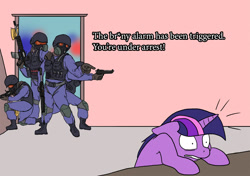 Size: 1000x702 | Tagged: safe, artist:slamjam, derpibooru import, twilight sparkle, gun, open door, swat, table, text, weapon