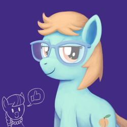 Size: 800x800 | Tagged: safe, artist:unsavorydom, peach fuzz, silver spoon, earth pony, pony, glasses, glasses off, necklace, pearl necklace, purple background, simple background, thumbs up