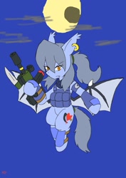 Size: 1451x2048 | Tagged: safe, artist:omegapony16, derpibooru import, oc, oc only, oc:mirror, oc:oriponi, bat pony, pony, armor, bat pony oc, clothes, ear piercing, earring, female, flying, full moon, gun, hoof hold, jewelry, mare, moon, piercing, scarf, solo, spread wings, vest, weapon, wings