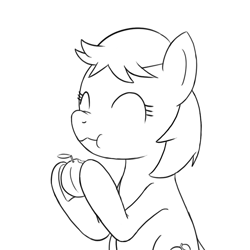 Size: 800x800 | Tagged: safe, artist:unsavorydom, peach fuzz, earth pony, pony, cute, eating, eyes closed, female, filly, food, monochrome, peach, simple background, solo, white background