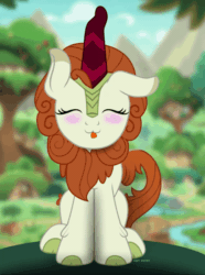 Size: 600x808 | Tagged: safe, artist:bastbrushie, derpibooru import, part of a set, autumn blaze, kirin, pony, :3, animated, awwtumn blaze, bastbrushie is trying to kill us, blushing, cute, daaaaaaaaaaaw, eyes closed, fluffy, full face view, gif, happy, hnnng, horn, sitting, solo, tail, text, tongue out, tree