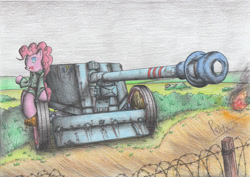 Size: 2329x1653 | Tagged: safe, artist:patoriotto, derpy hooves, pinkie pie, pegasus, pony, anti-tank gun, barbed wire, clothes, female, fire, mare, pak 40, sitting, traditional art, uniform, world war ii