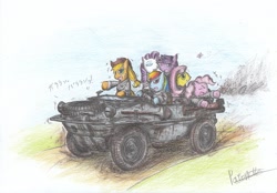 Size: 2017x1404 | Tagged: safe, artist:patoriotto, applejack, fluttershy, pinkie pie, rainbow dash, rarity, twilight sparkle, earth pony, pegasus, pony, unicorn, clothes, mane six, traditional art, uniform, vw schwimmwagen, world war ii