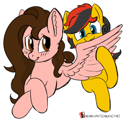 Size: 938x907 | Tagged: safe, artist:teabucket, oc, oc only, oc:paw print, oc:southern belle, earth pony, pegasus, pony, blushing, cute, female, grooming, mare, patreon, patreon logo, preening