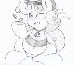 Size: 1206x1063 | Tagged: safe, artist:patoriotto, sweetie belle, pony, unicorn, belly button, bit, blushing, chubbie belle, chubby, coin, ear fluff, fat, female, filly, filly scouts, fupa, grayscale, monochrome, neck fluff, one eye closed, open mouth, solo, sweetie belly, wink