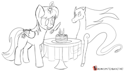 Size: 3985x2302 | Tagged: safe, artist:teabucket, oc, oc only, oc:parcly taxel, oc:spindle, alicorn, pony, windigo, alicorn oc, birthday cake, birthday present, cake, candle, female, food, horn, horn ring, knife, levitation, magic, mare, monochrome, patreon, patreon logo, patreon reward, sketch, smiling, table, telekinesis, windigo oc