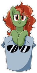 Size: 540x1063 | Tagged: safe, artist:suspega, artist:teabucket, oc, oc only, oc:withania nightshade, earth pony, pony, bucket, c:, female, if i fits i sits, looking at you, mare, simple background, smiling, solo, sunglasses, transparent background