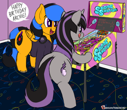 Size: 1110x964 | Tagged: safe, artist:teabucket, oc, oc only, oc:glowstick explosion, oc:magna-save, earth pony, pegasus, pony, arcade, bipedal, butt, clothes, concentrating, cute, dialogue, hoodie, jacket, patreon, patreon logo, pinball, pinball machine, plot, room, smiling