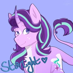 Size: 1600x1600 | Tagged: safe, artist:galissiax, derpibooru import, starlight glimmer, classical unicorn, pony, unicorn, chest fluff, curved horn, horn, leonine tail, simple background, smiling, solo