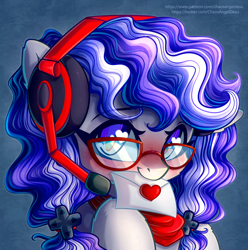 Size: 3508x3530 | Tagged: safe, artist:chaosangeldesu, derpibooru import, oc, oc only, oc:cinnabyte, earth pony, pony, adorkable, bandana, blushing, cute, dork, envelope, female, gaming headset, glasses, headset, heart eyes, icon, looking at you, love letter, mare, mouth hold, solo, wingding eyes