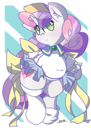 Size: 2192x3089 | Tagged: safe, artist:patoriotto, sweetie belle, unicorn, blushing, chubby, clothes, cute, diasweetes, female, mare, skirt, socks, solo, sweetie belly