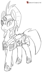 Size: 778x1339 | Tagged: safe, artist:teabucket, tempest shadow, pony, unicorn, armor, black and white, broken horn, female, grayscale, horn, mare, monochrome, patreon, patreon logo, royal guard, solo, tempest becomes a royal guard