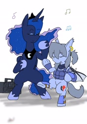 Size: 1451x2048 | Tagged: safe, alternate version, artist:omegapony16, derpibooru import, princess luna, oc, oc:oriponi, bat pony, pony, armor, bat pony oc, bipedal, boombox, clothes, colored, dancing, duo, ear piercing, earring, ethereal mane, eyes closed, female, hoof shoes, jewelry, mare, music notes, peytral, piercing, radio, scarf, signature, simple background, soldier, starry mane, tiara, underhoof, vest, white background