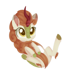 Size: 1548x1632 | Tagged: safe, artist:dusthiel, derpibooru import, autumn blaze, kirin, awwtumn blaze, cheek fluff, cute, ear fluff, female, hooves to the chest, imminent belly rub, leg fluff, on back, simple background, solo, transparent background, underhoof