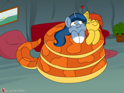 Size: 1486x1115 | Tagged: safe, artist:teabucket, oc, oc only, oc:high strings, oc:scythia, lamia, original species, pony, unicorn, cheek squish, coiling, coils, female, hug, patreon, patreon logo, puffy cheeks, snuggling, squishy cheeks