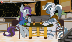 Size: 1550x902 | Tagged: safe, artist:teabucket, oc, oc only, oc:lupine, oc:nia, bat pony, pony, zebra, bat pony oc, clothes, female, mare, patreon, patreon logo, pipbuck, sitting, talking, vault suit, zebra oc