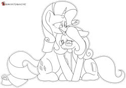 Size: 1630x1135 | Tagged: safe, artist:teabucket, rarity, oc, oc:scribble script, pony, unicorn, black and white, comforting, female, glasses, grayscale, mare, monochrome, patreon, patreon logo, sad