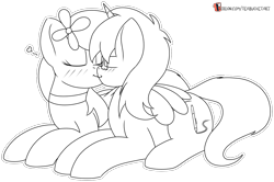 Size: 1364x904 | Tagged: safe, artist:teabucket, oc, oc only, oc:ace, oc:floral tempest, pegasus, unicorn, black and white, blushing, female, grayscale, kissing, male, mare, monochrome, patreon, patreon logo, stallion