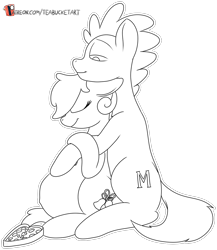 Size: 1128x1299 | Tagged: safe, artist:teabucket, oc, oc only, oc:miko, oc:southern belle, belly, black and white, female, grayscale, holiday, hug, male, mare, monochrome, patreon, patreon logo, pregnant, snuggling, stallion, valentine's day