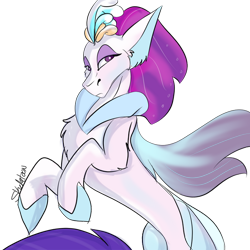 Size: 600x600 | Tagged: safe, artist:sleeping-dreamdale, derpibooru import, queen novo, seapony (g4), my little pony: the movie, beautiful, chest fluff, crown, eyeshadow, female, fins, fish tail, jewelry, lidded eyes, looking at you, majestic, makeup, purple eyes, queen, regalia, serious, signature, simple background, solo, transparent background, wings