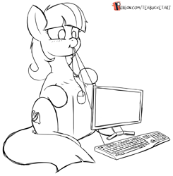 Size: 1065x1085 | Tagged: safe, artist:teabucket, oc, oc only, oc:lemon drop, earth pony, belly, black and white, computer, computer mouse, female, grayscale, keyboard, mare, monochrome, object vore, patreon, patreon logo, swallowing