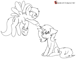 Size: 1413x1096 | Tagged: safe, artist:teabucket, oc, oc only, oc:hollownote, oc:reverie, pegasus, unicorn, black and white, food, grayscale, marshmallow, monochrome, patreon, patreon logo, tongue out, unamused