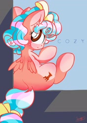 Size: 2480x3508 | Tagged: safe, artist:patoriotto, cozy glow, pegasus, pony, blushing, bow, butt, cozy glutes, cozybetes, cute, dock, ear fluff, female, filly, foal, freckles, frown, hair bow, looking at you, looking back, looking back at you, plot, rear view, signature, sitting, solo, tail bow, text