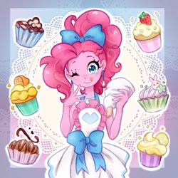 Size: 1225x1225 | Tagged: safe, artist:jumblehorse, pinkie pie, better together, equestria girls, apron, bow, clothes, cupcake, cute, diapinkes, ear piercing, earring, female, food, icing bag, jewelry, lace, looking at you, one eye closed, piercing, solo, strawberry, tongue out